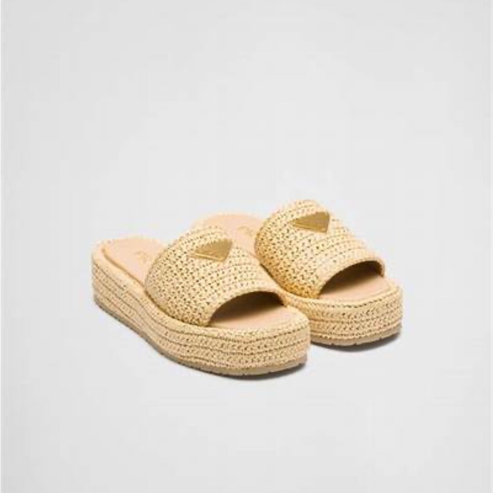 Prada Natural Raffia Flatform Slide Sandal, 35mm
